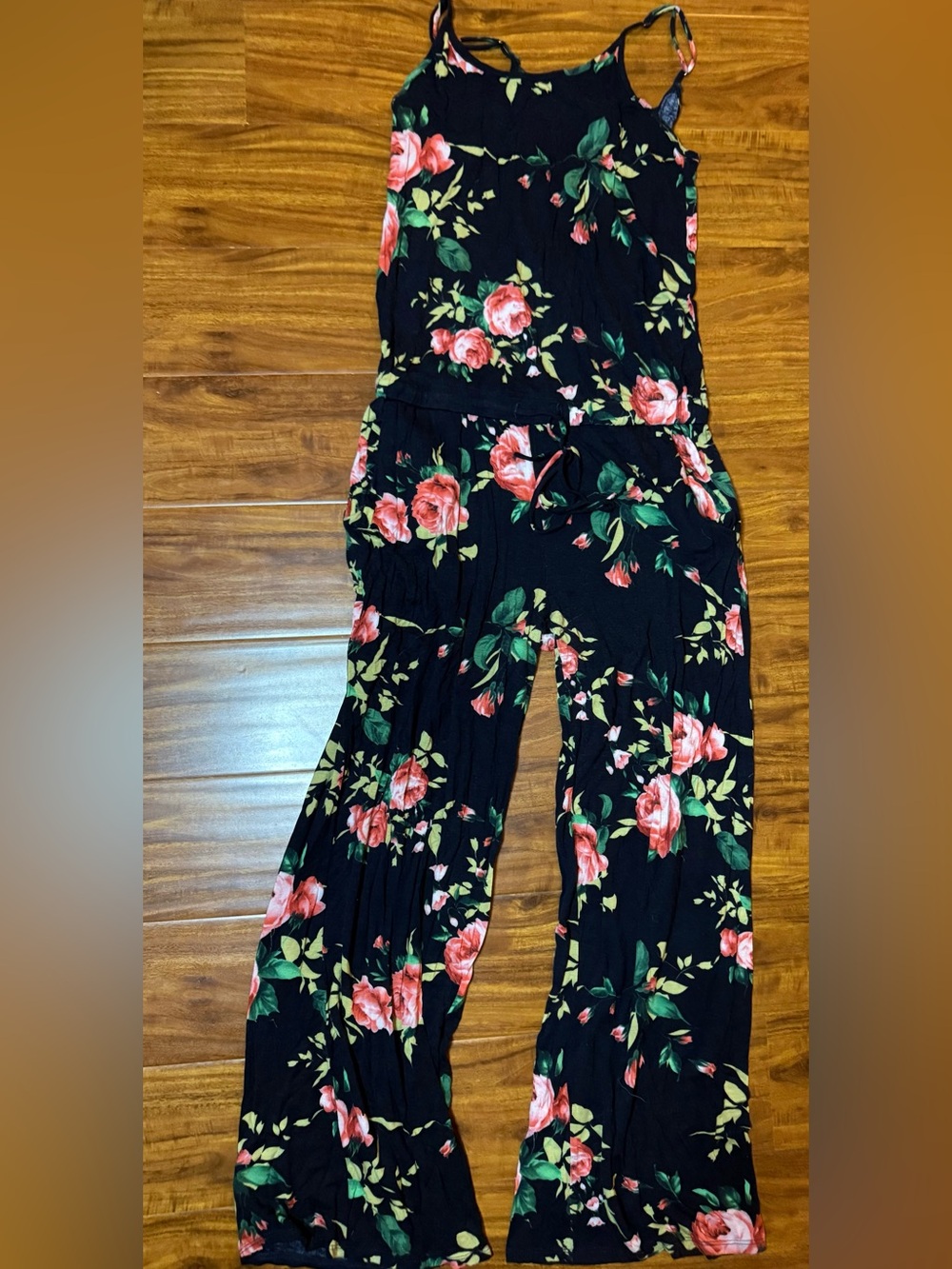 Sleeveless Floral Wide-Leg Jumpsuit in Black and Rose